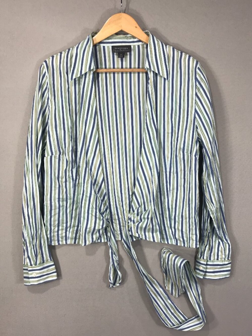 Classiques Entier Shirt Womens 14 Blue Green Striped Top Waist Tie Silk Blend LS